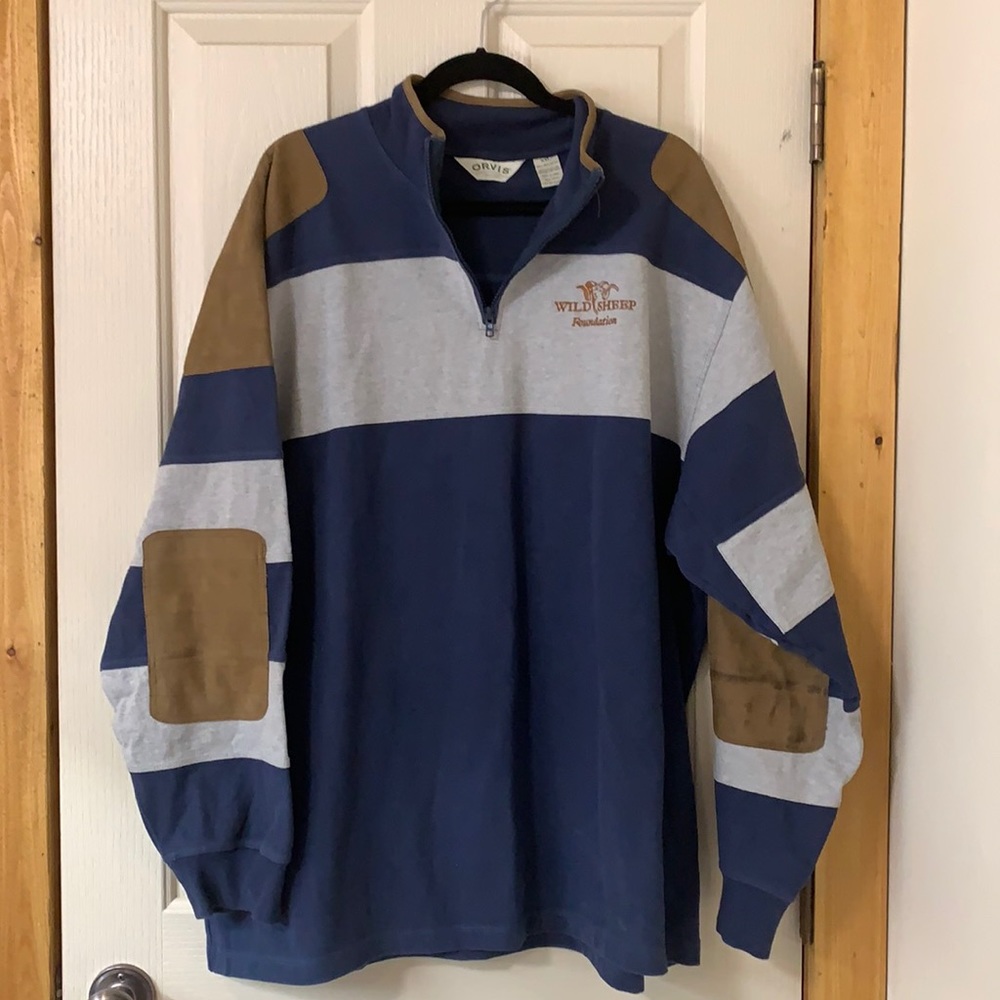 Men's Navy & Gray Rugby Pullover with Brown Elbow Patches